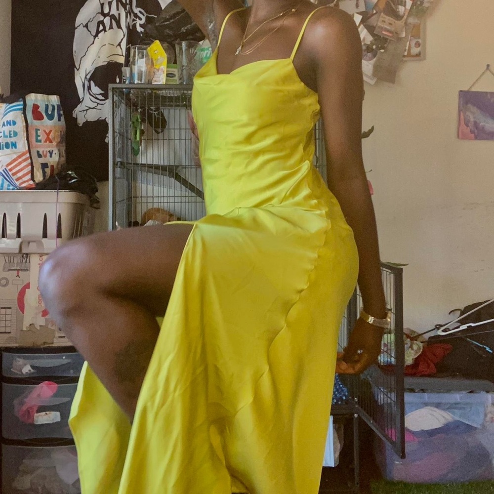 Zara Bright Yellow Cowl Neck Midi Dress with Front Slit - Picture 4 of 7